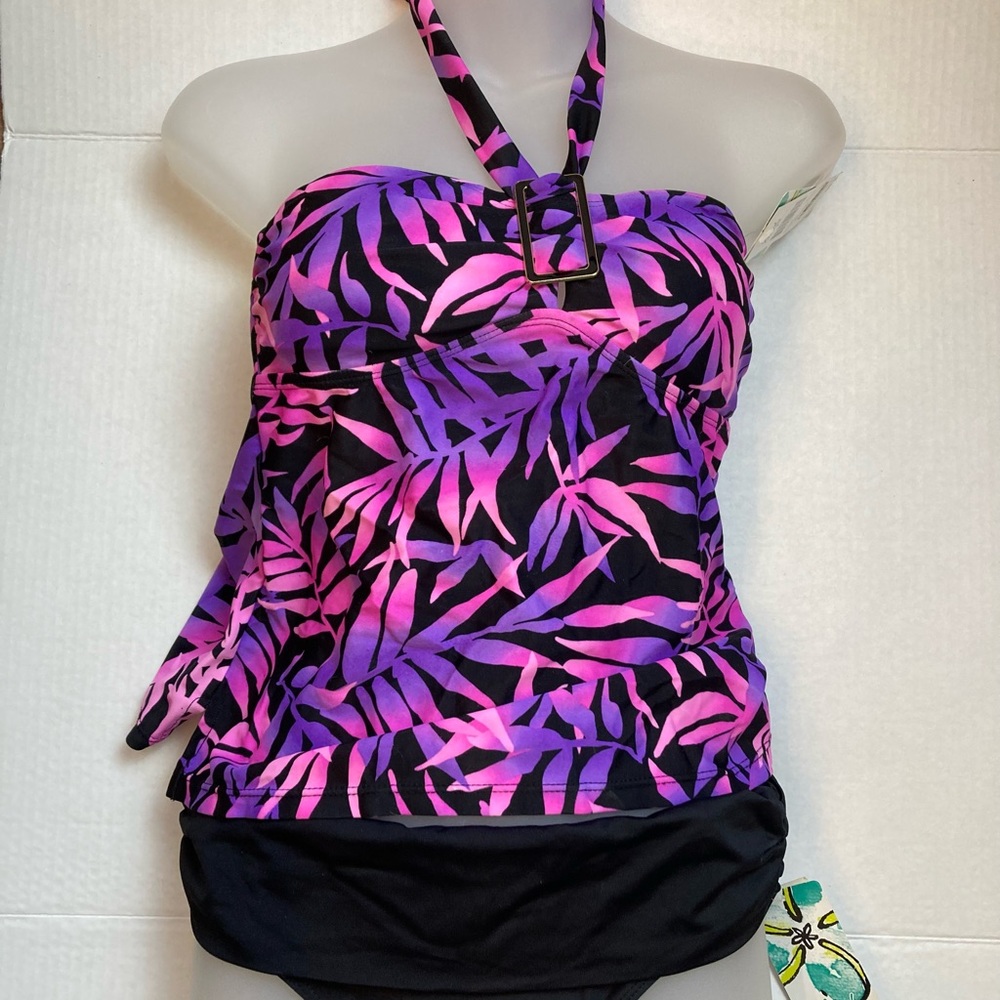 *Island Escape New Hawaiian Floral Print Tankini w/ Black Size 6 Bottoms A171